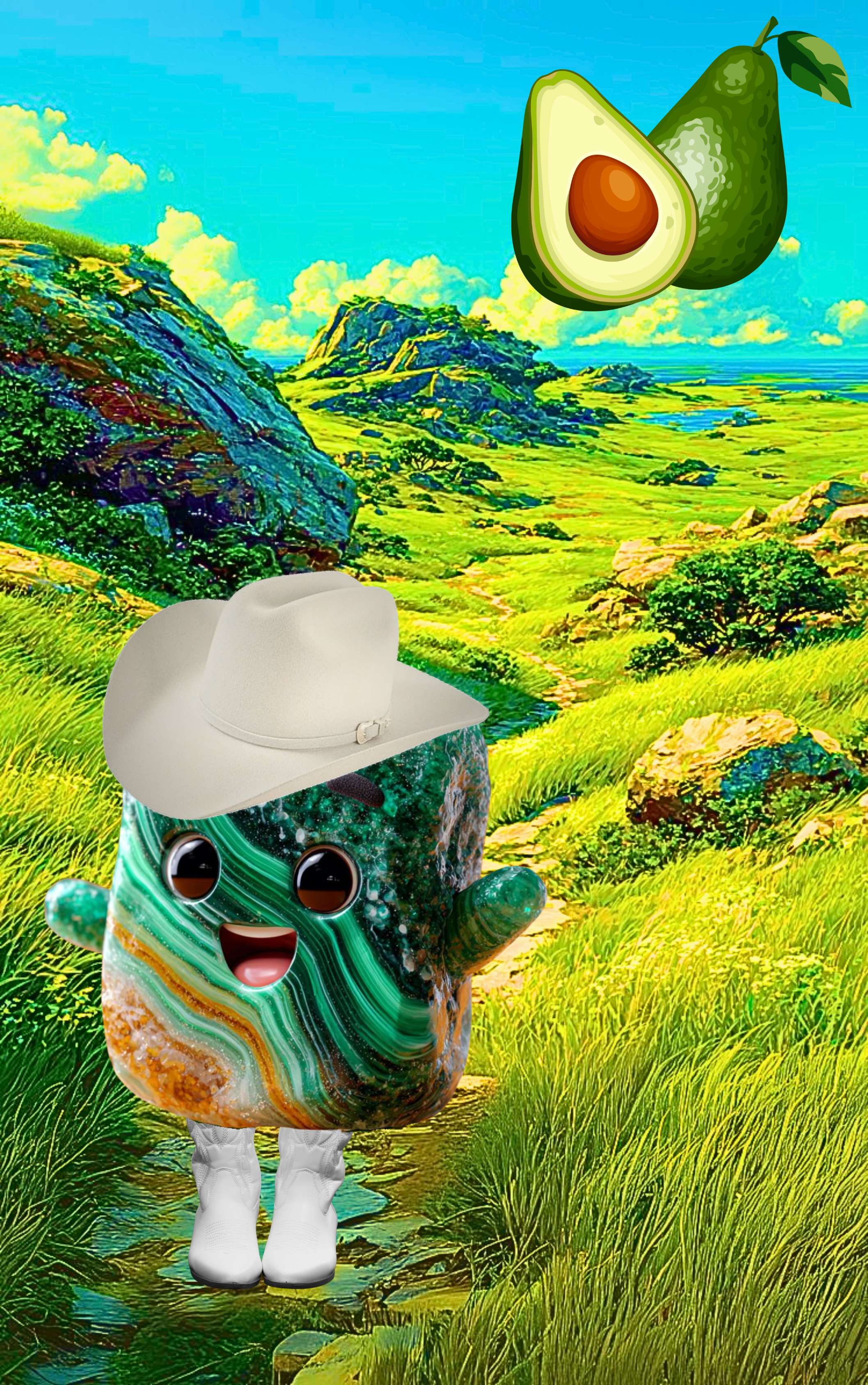 Animated avocado character with a cowboy hat in a colorful landscape