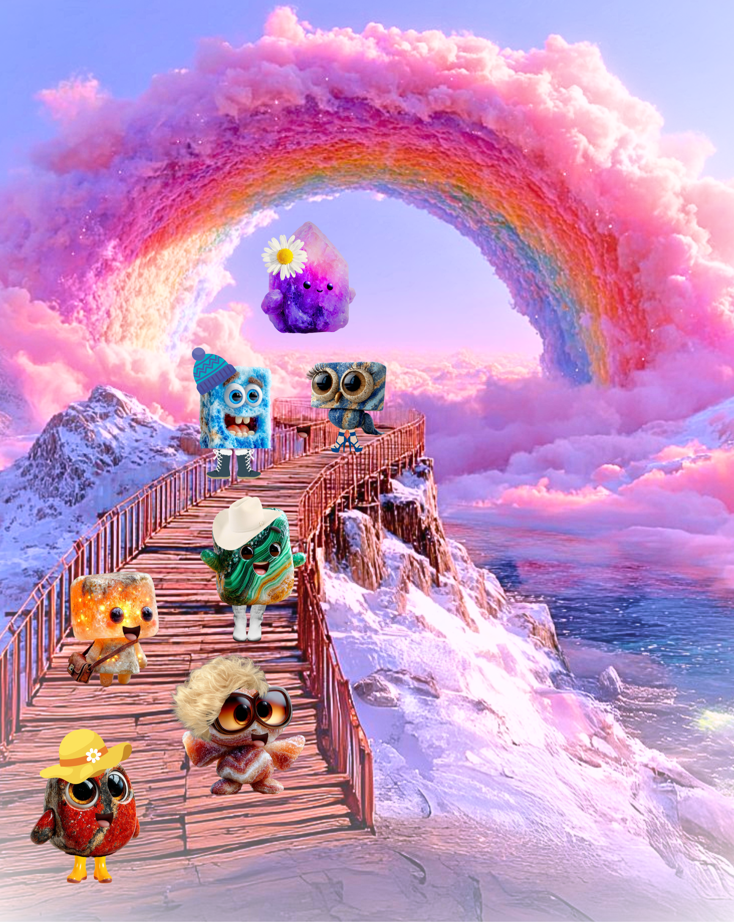 Cartoon characters on a wooden bridge with a rainbow and clouds in the background